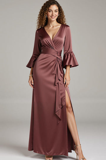 Robe longue formelle en satin de café fourreau à col en V avec fente